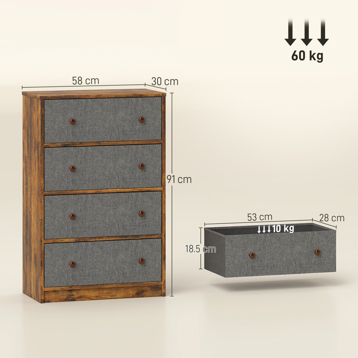 Chest of Drawers, 4 Drawer Dresser for Bedroom, Grey and Rustic Brown