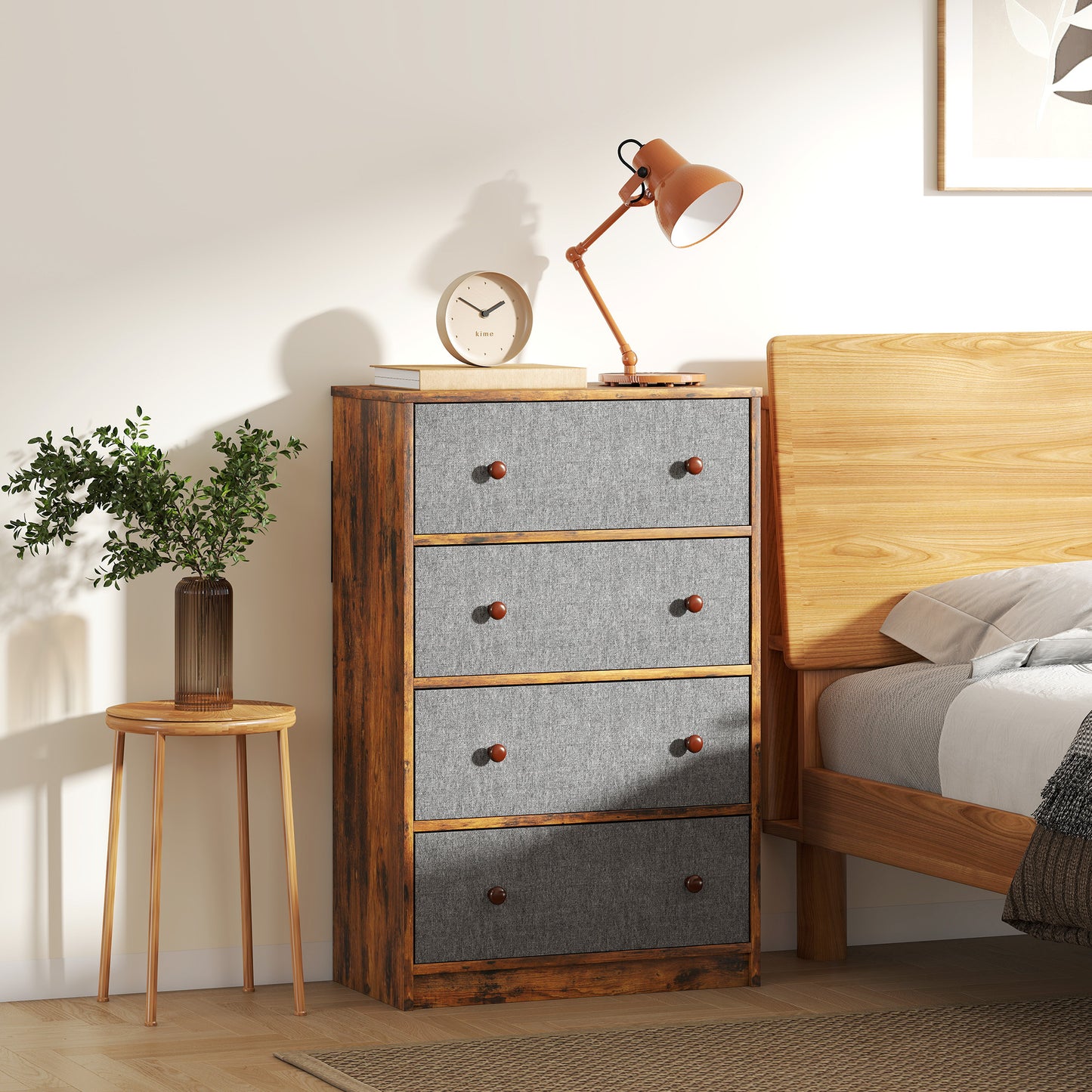 Chest of Drawers, 4 Drawer Dresser for Bedroom, Grey and Rustic Brown