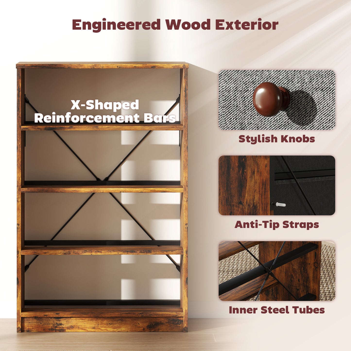 Chest of Drawers, 4 Drawer Dresser for Bedroom, Grey and Rustic Brown