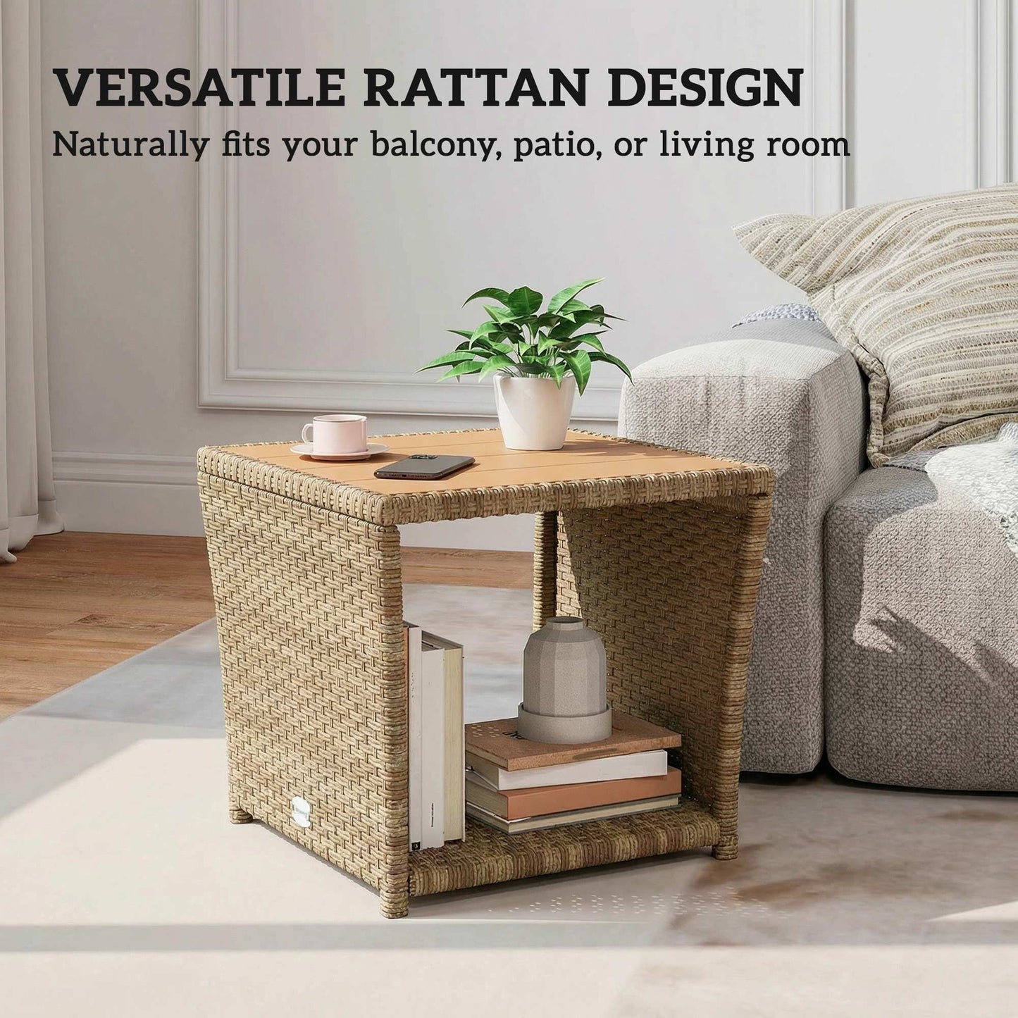 Side Table 2-Tier with Storage Shelf/Khaki