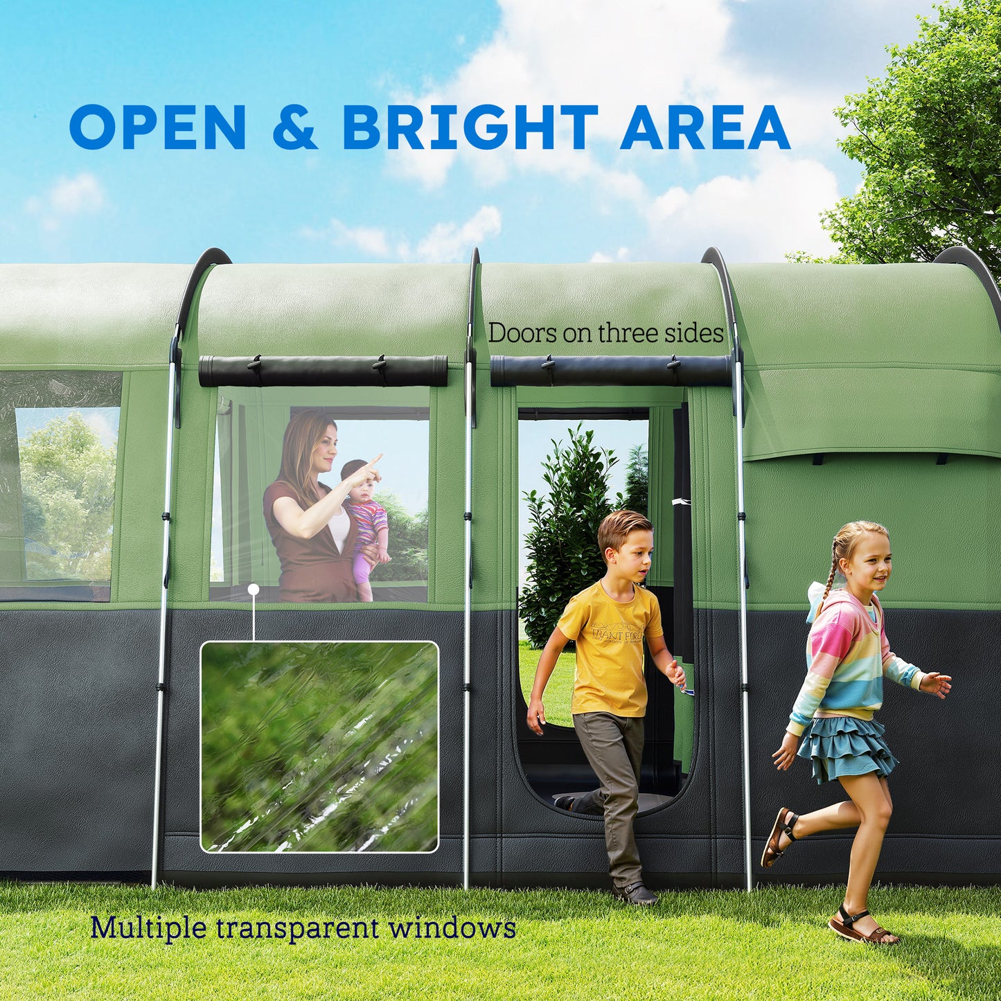 8-Person Camping Tent Tunnel Design with 4 Large Windows Green