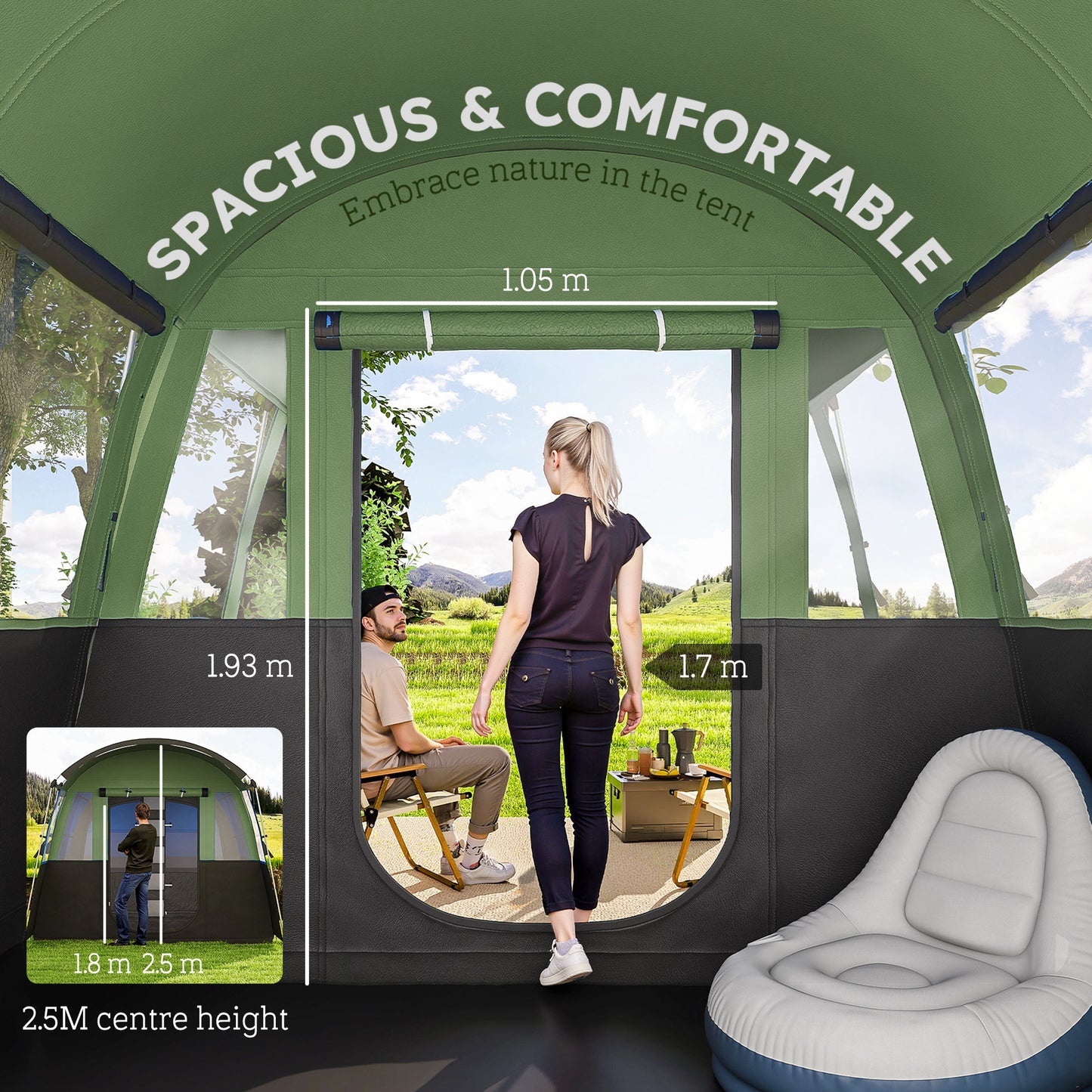 8-Person Camping Tent Tunnel Design with 4 Large Windows Green