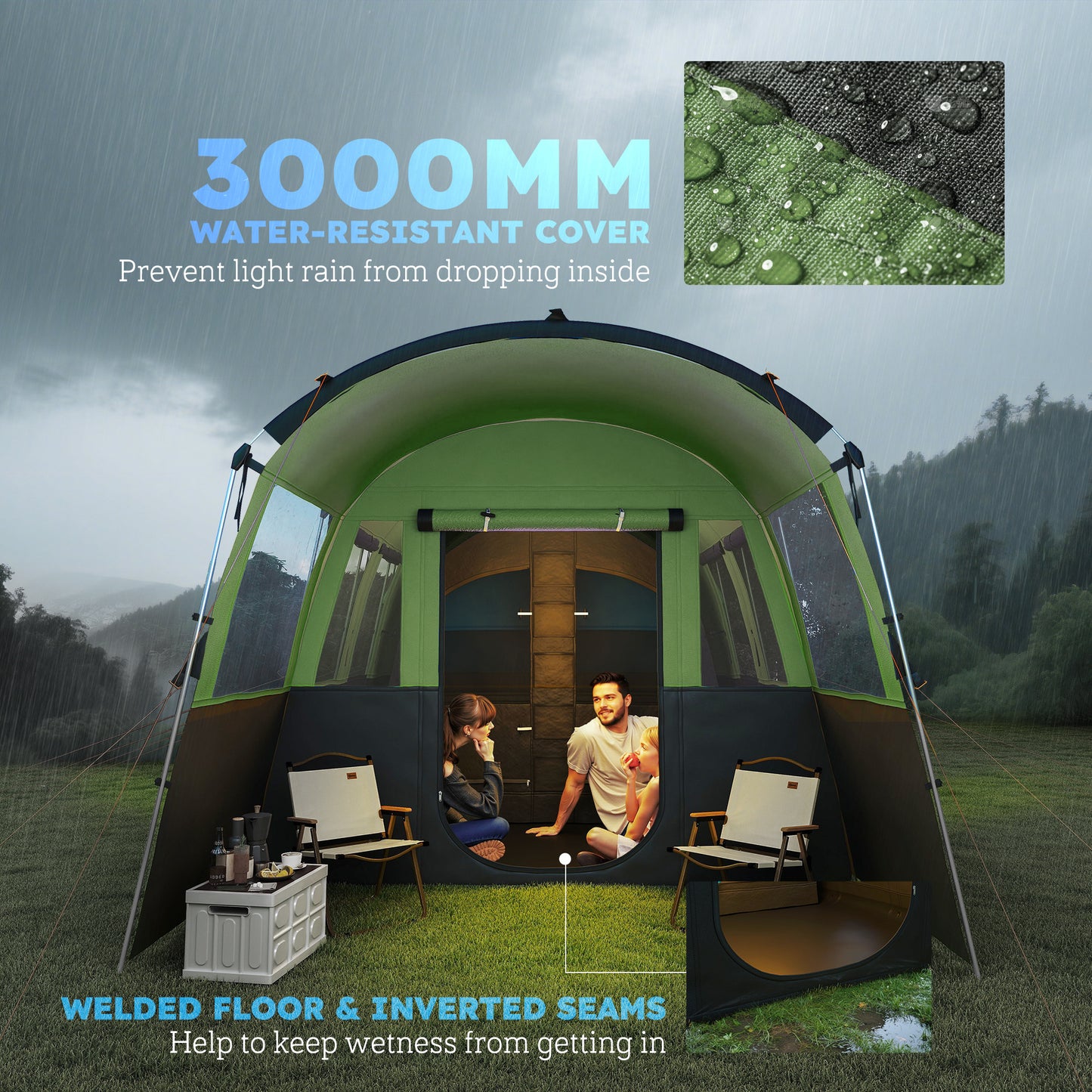 8-Person Camping Tent Tunnel Design with 4 Large Windows Green