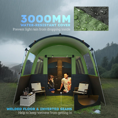 8-Person Camping Tent Tunnel Design with 4 Large Windows Green