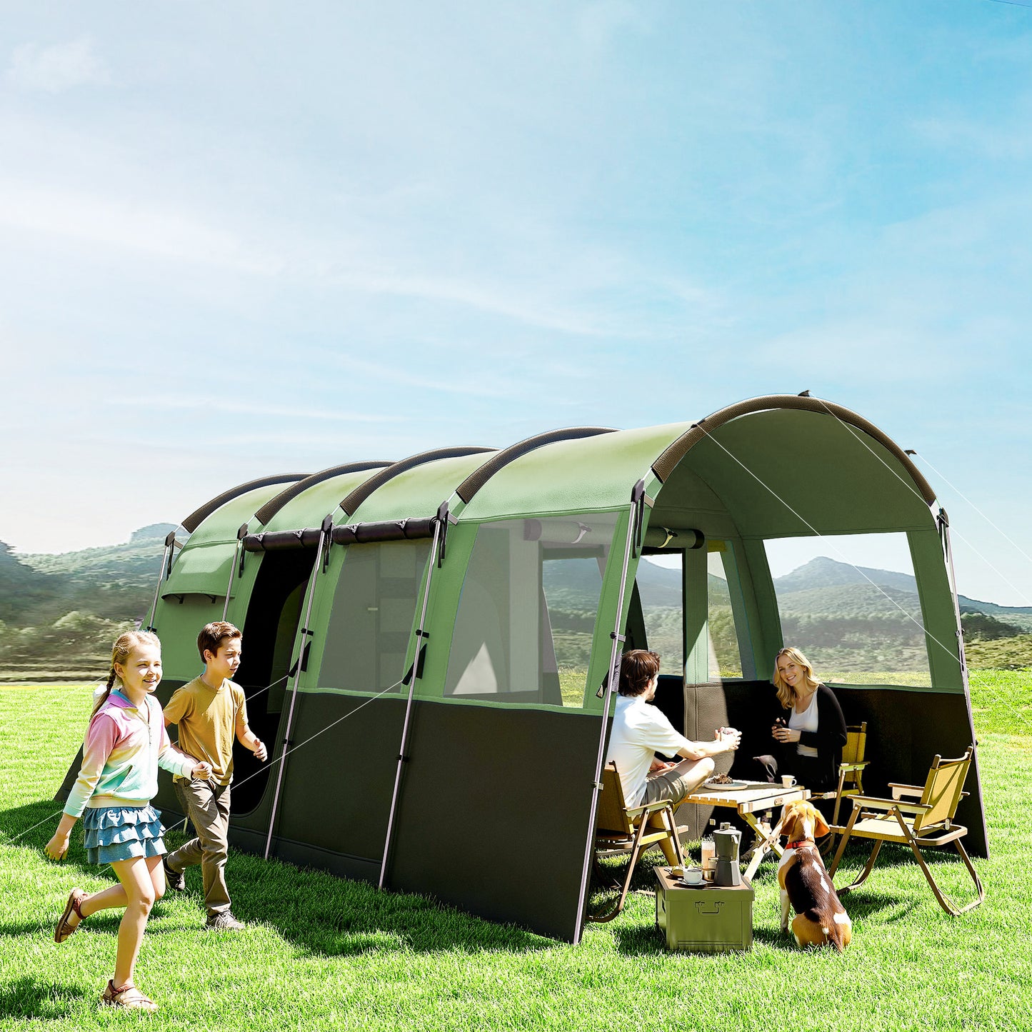 8-Person Camping Tent Tunnel Design with 4 Large Windows Green