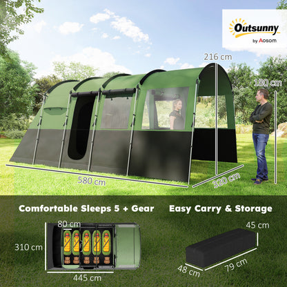 8-Person Camping Tent Tunnel Design with 4 Large Windows Green