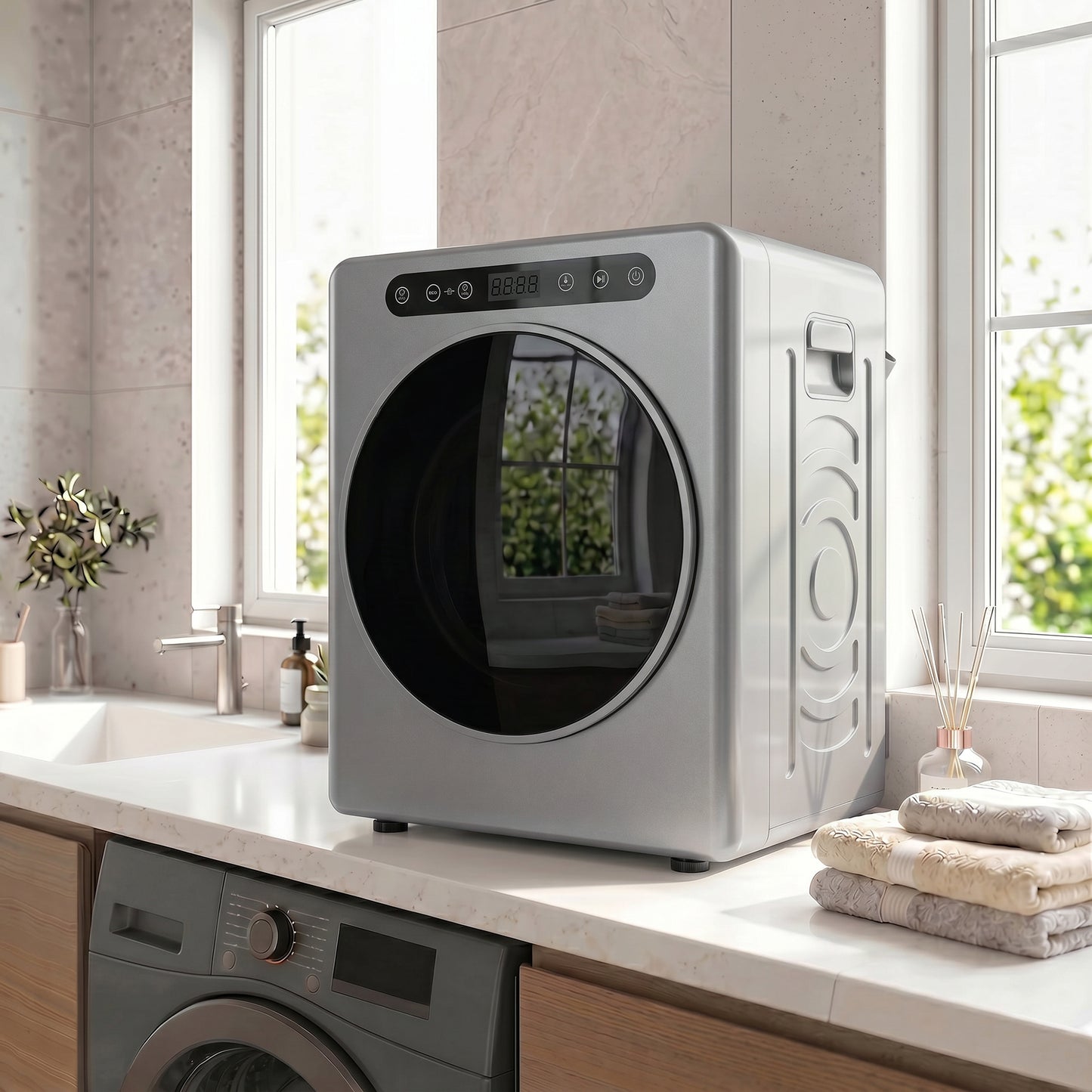 5kg Vented Tumble Dryer, 1000W Compact Freestanding Tumble Dryer with Stainless Steel Anti-Crease Reverse Tumble, Extra Dry & ECO Modes, Multiple Timer & Heat Settings, Silver Tone