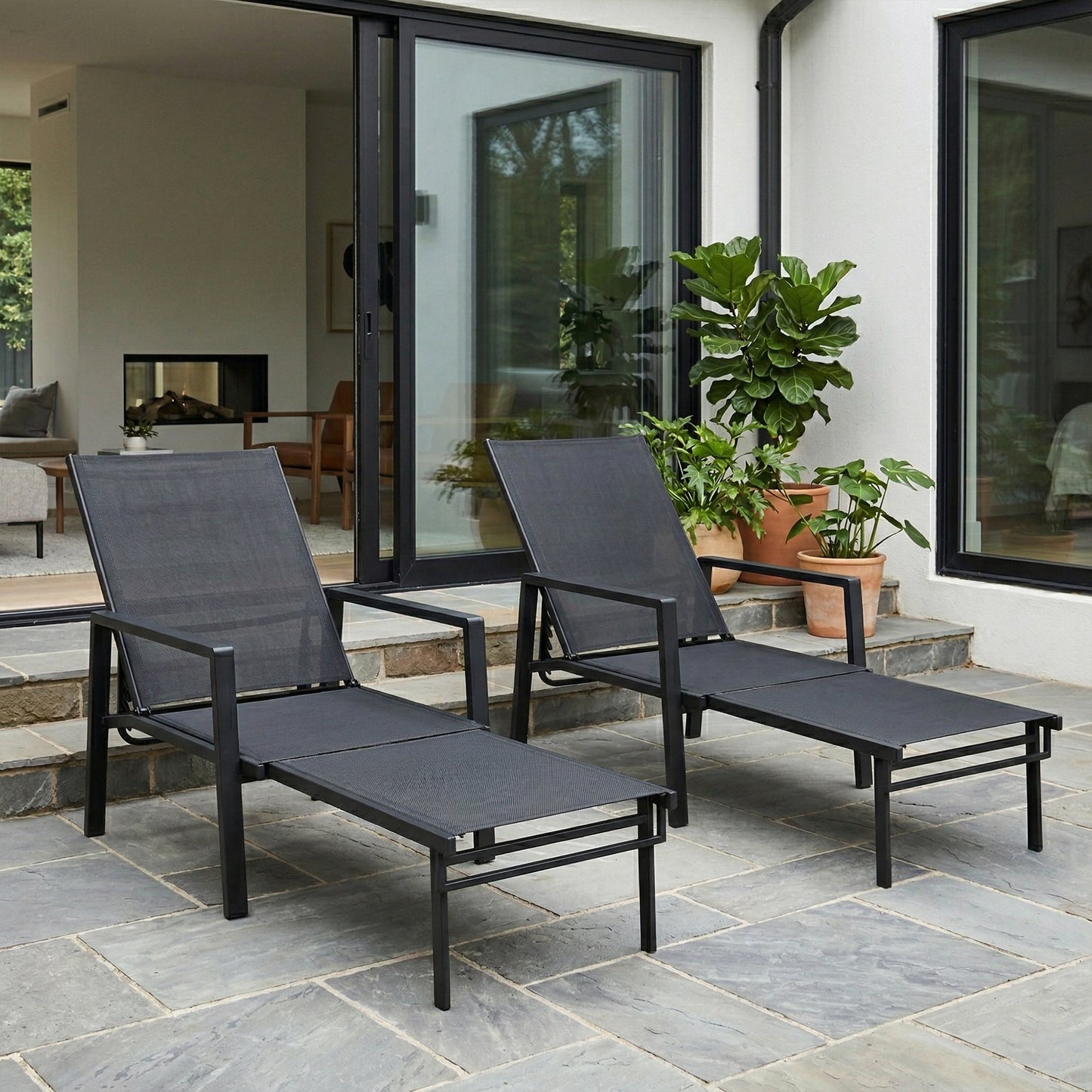 Sun Loungers Set of 2 w/ Retractable Footrest 5-Position Adjustable