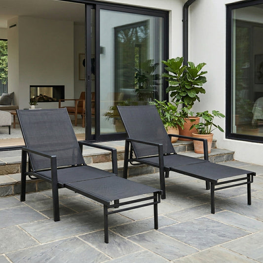 Sun Loungers Set of 2 w/ Retractable Footrest 5-Position Adjustable