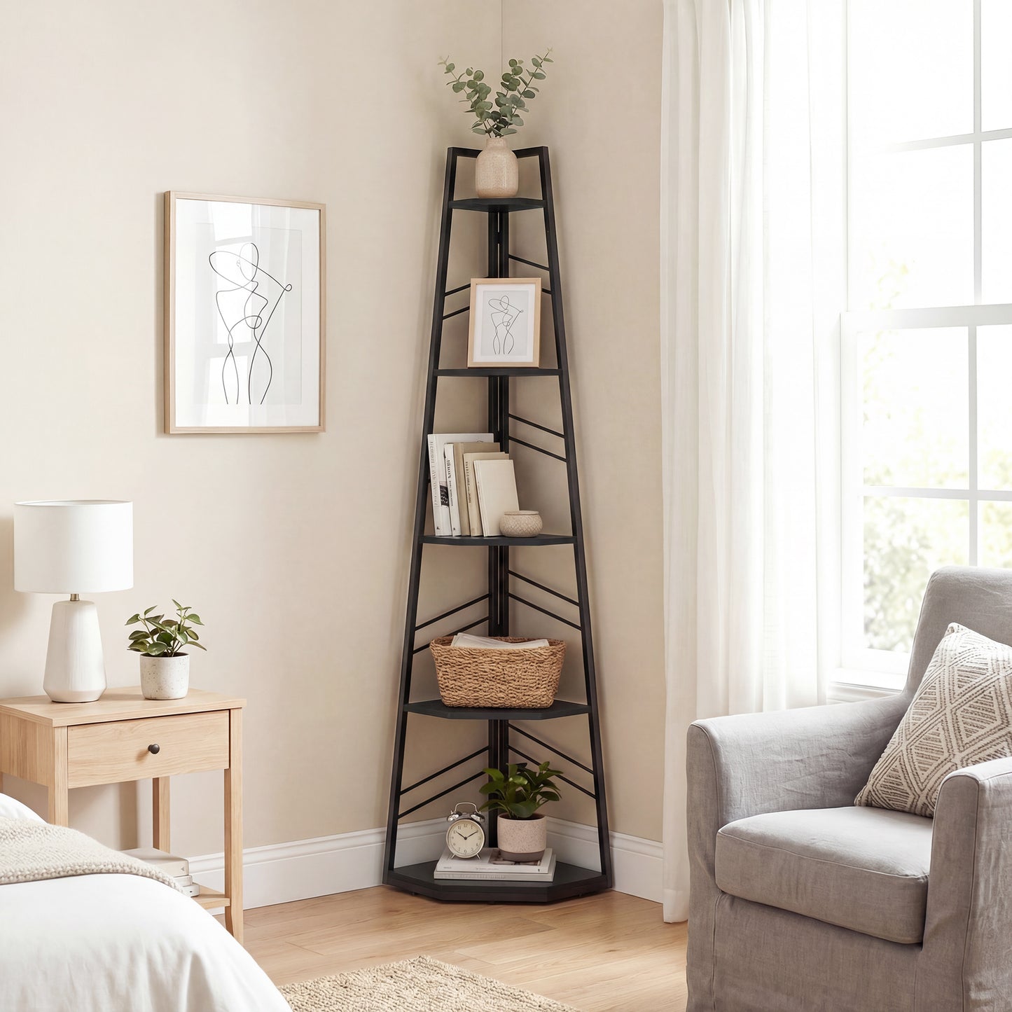 5-Tier Corner Bookcase, Floor Standing Shelving Unit, Black