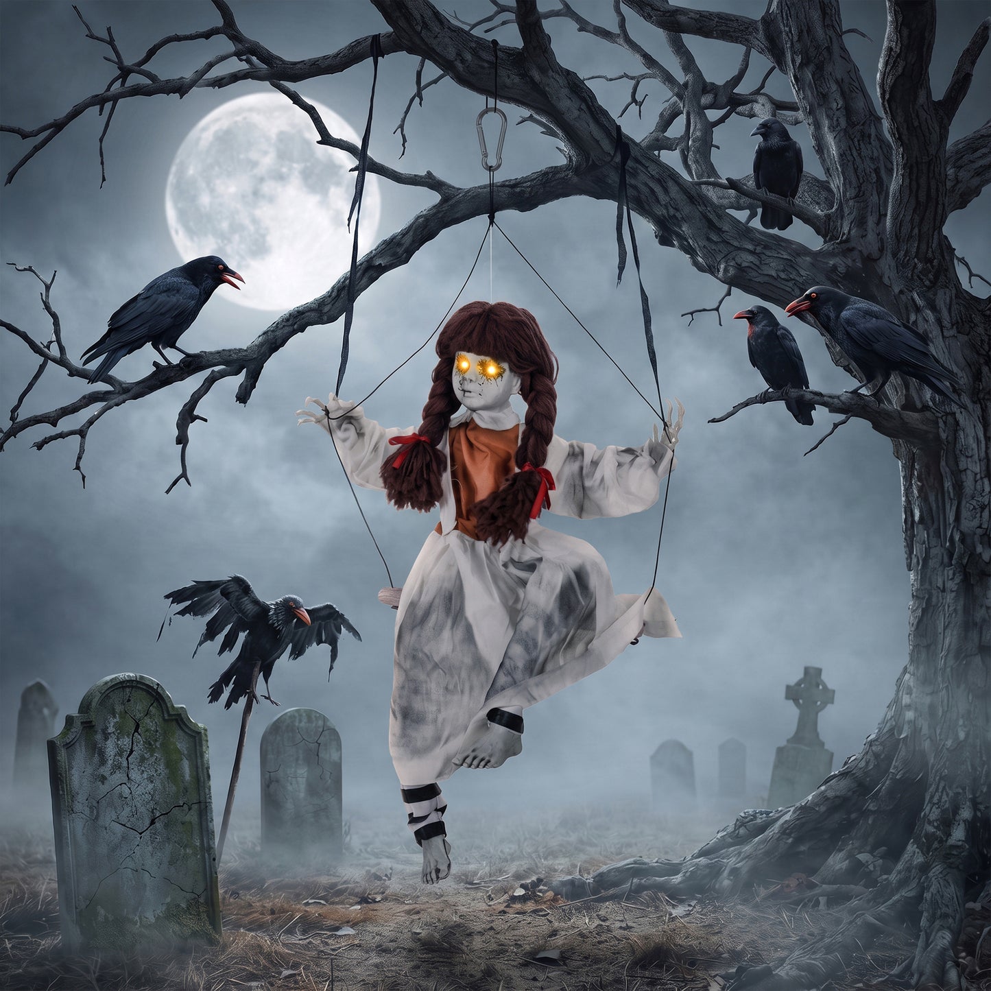 Halloween Animated Hanging Creepy Girl on Swing Decoration