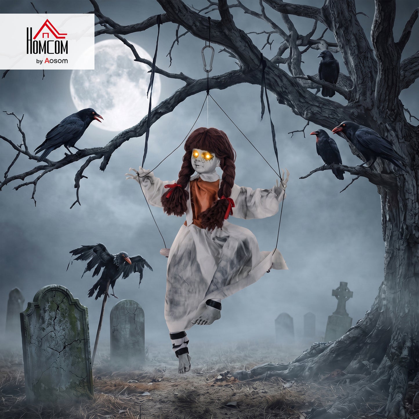 Halloween Animated Hanging Creepy Girl on Swing Decoration