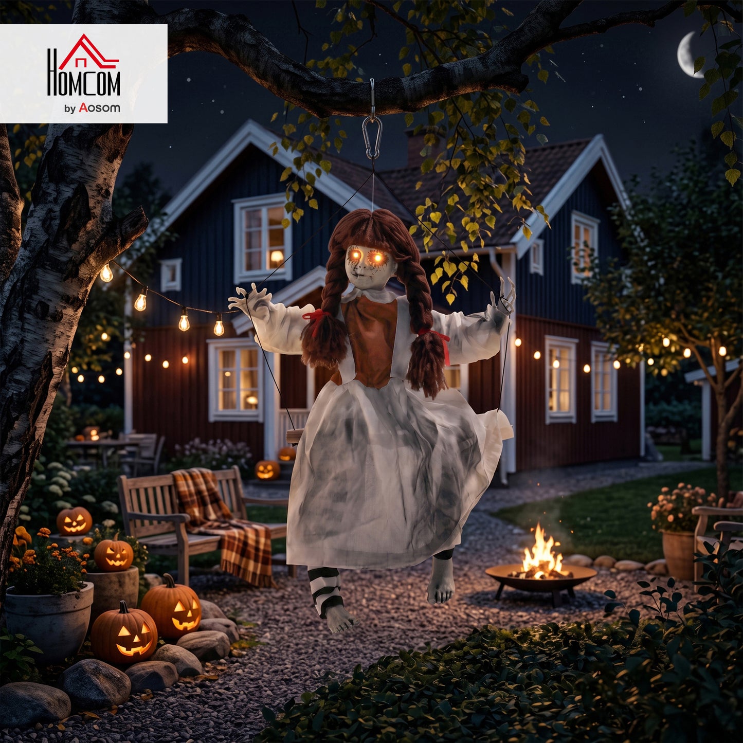 Halloween Animated Hanging Creepy Girl on Swing Decoration