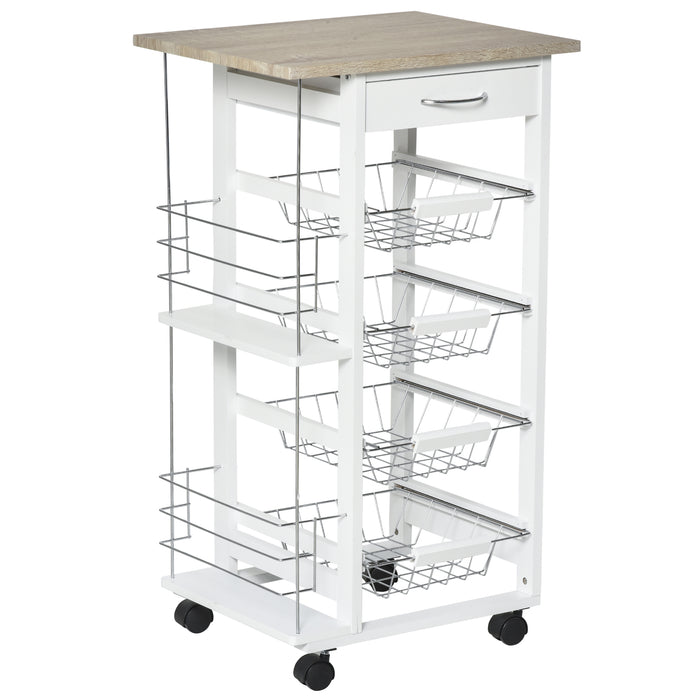 Rolling Kitchen Cart, Utility Storage Cart with 4 Basket Drawers & Side Racks, Wheels for Dining Room, Brown