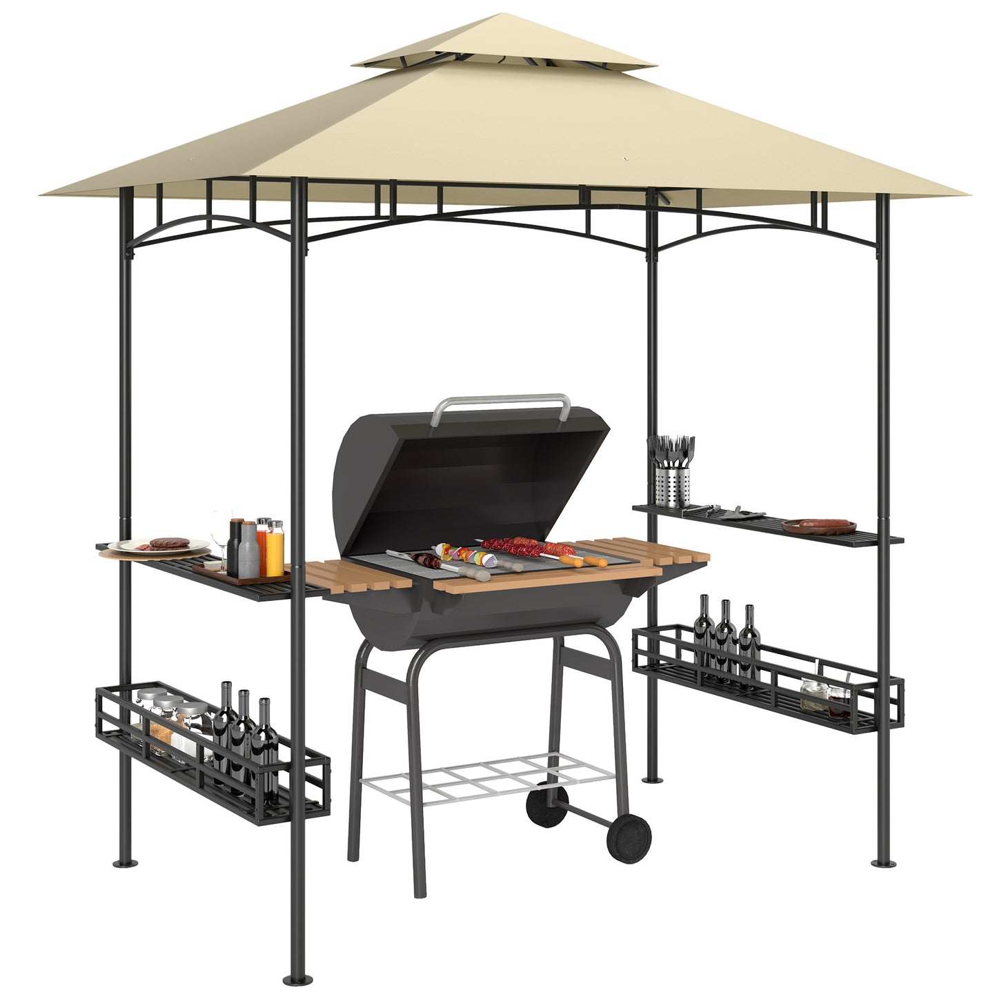 8' x 5' Grill Gazebo Canopy with 2 Side Shelves, Hook, Beige