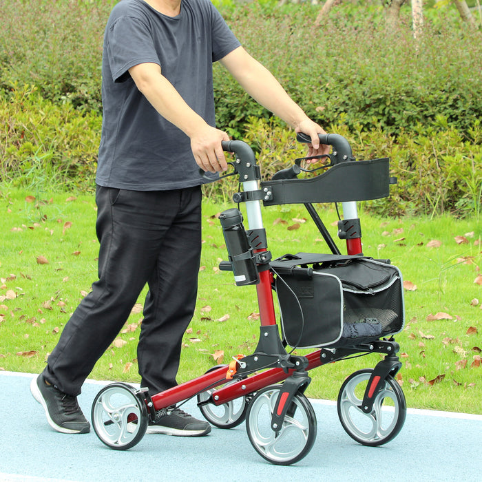 Fully Folding Rollator Walker with Seat, Backrest, Bag, Red