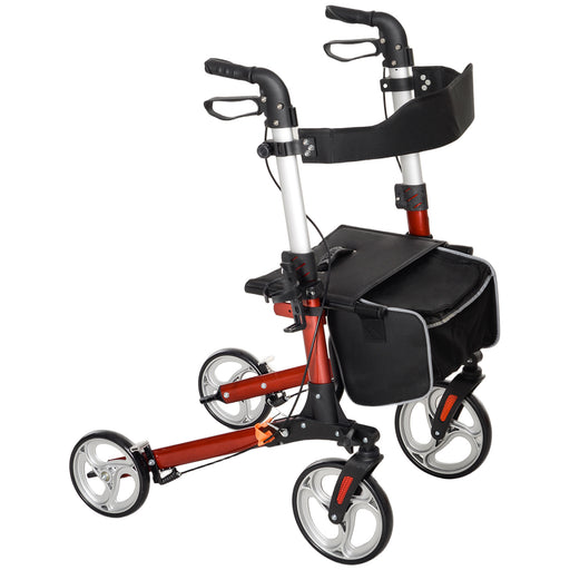 Fully Folding Rollator Walker with Seat, Backrest, Bag, Red