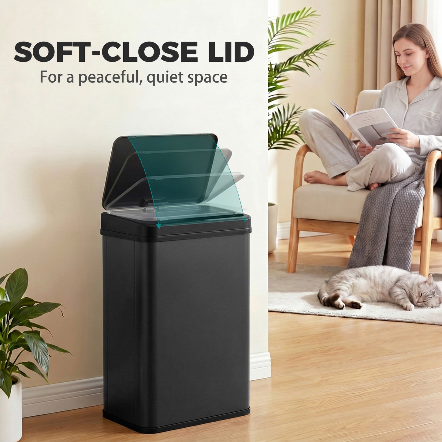 40L Sensor Bin with Quiet Soft-Close Lid, Automatic Touchless Motion Sensor Kitchen Bin with Fingerprint Resistant Stainless Steel for Hygienic Gyms, Home Office Use, Black