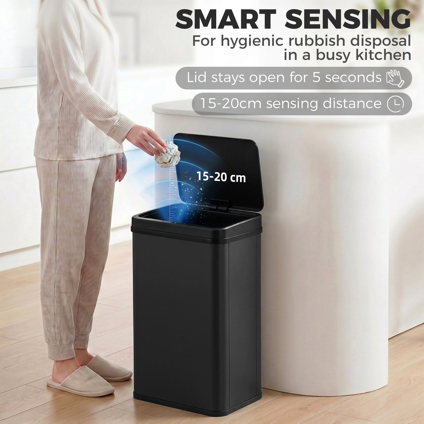 40L Sensor Bin with Quiet Soft-Close Lid, Automatic Touchless Motion Sensor Kitchen Bin with Fingerprint Resistant Stainless Steel for Hygienic Gyms, Home Office Use, Black
