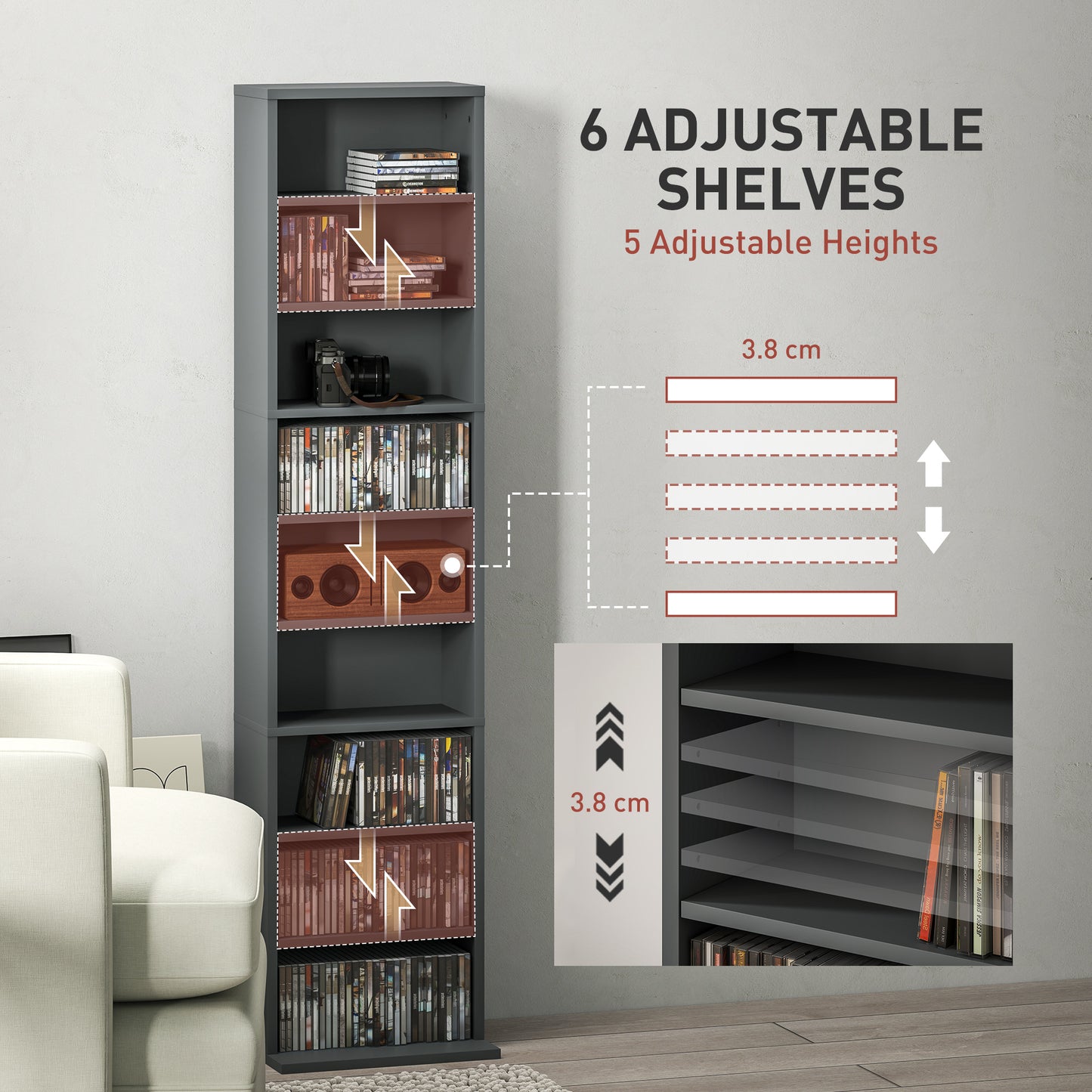 260 CD Storage Unit 120 DVD Storage Tower with 9 Compartments Grey