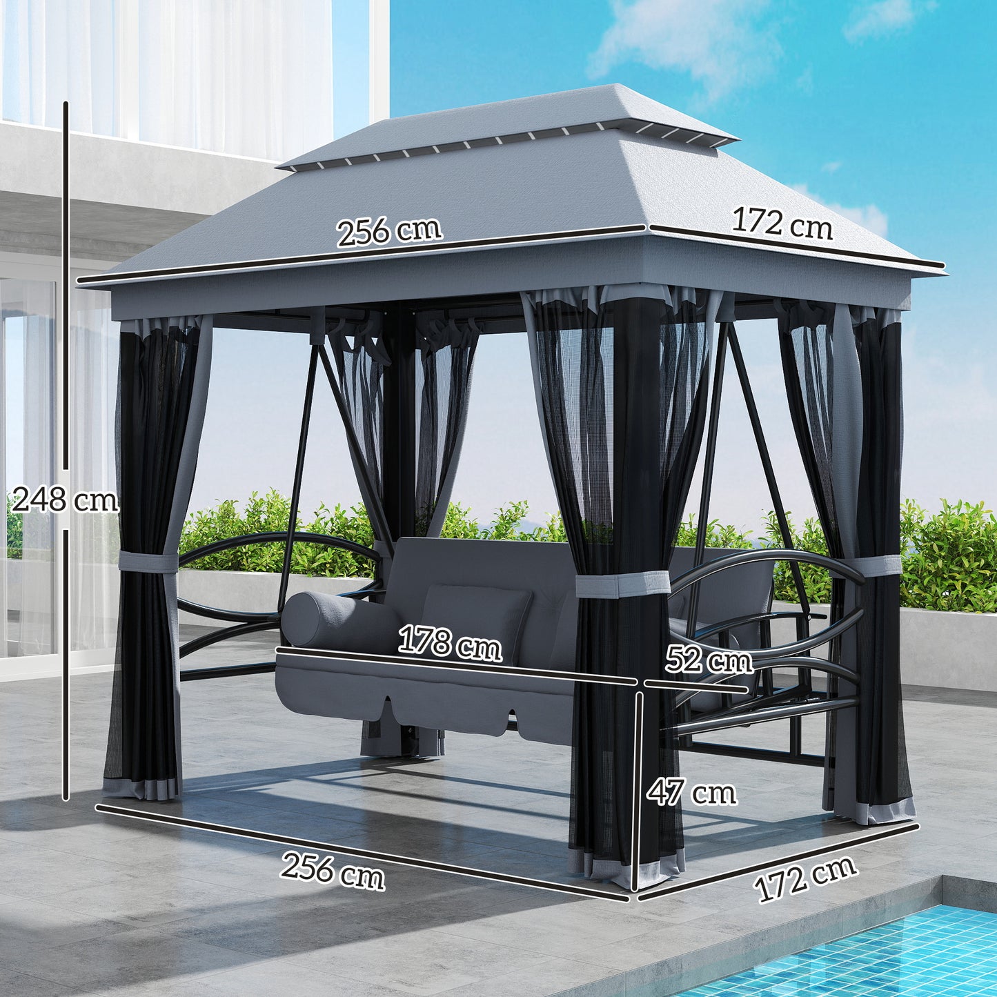 3 Person Canopy Gazebo Swing Outdoor Patio Lounge w/ Mesh Walls, Grey