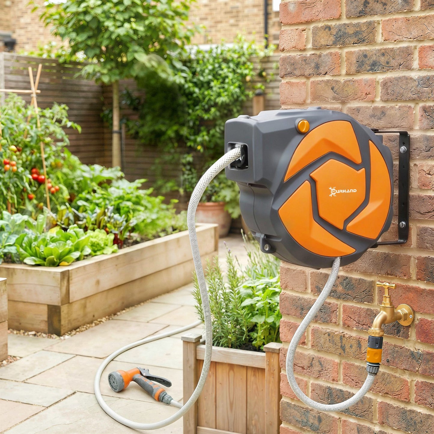 DURHAND 10m Garden Hose Reel Wall Mounted Auto Rewind with 7 Patterns Spray Nozzle, Includes Wall Fixings, Dark Grey and Orange