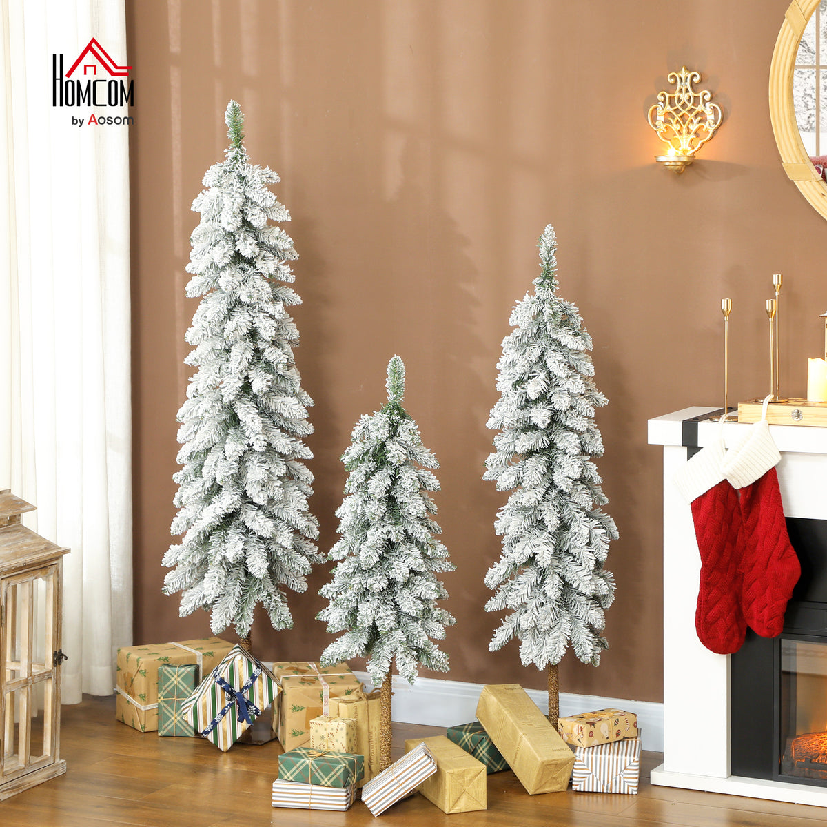 Set of 3 Flocked Christmas Tree, Pencil Downswept Xmas Tree