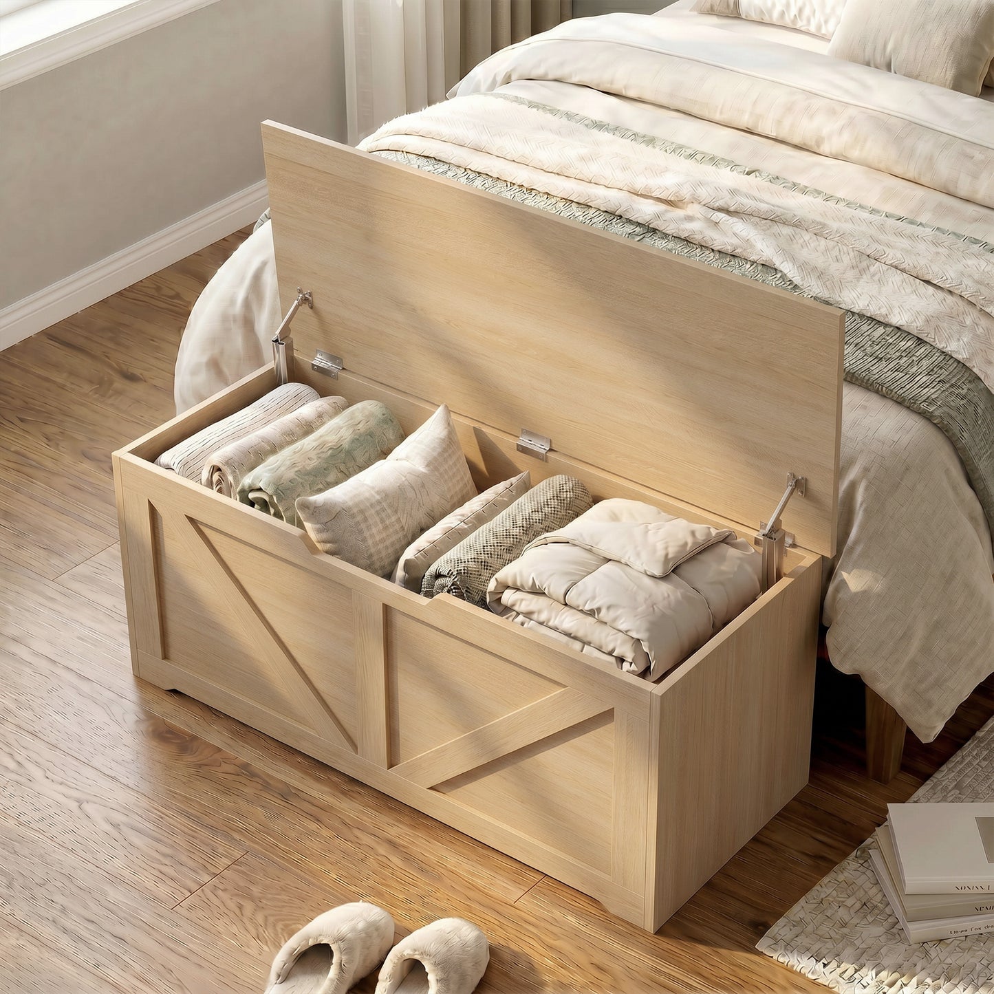 Storage Trunk for Living Room, with Safety Hinges, 100cm, Nature Wood