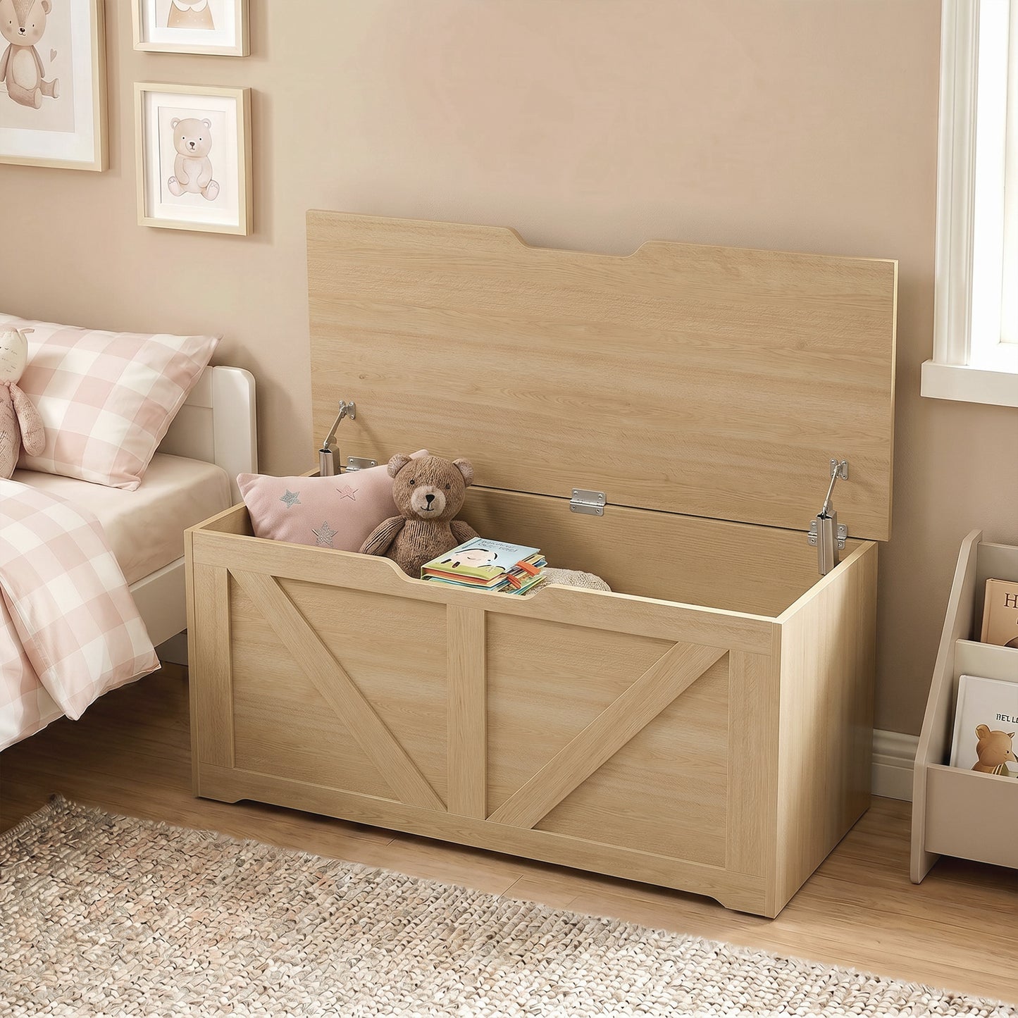 Storage Trunk for Living Room, with Safety Hinges, 100cm, Nature Wood
