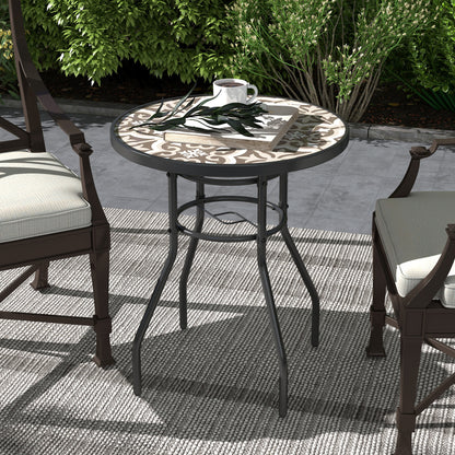 Garden Table with Glass Printed Design for Outdoor, Tan Brown