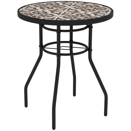 Garden Table with Glass Printed Design for Outdoor, Tan Brown