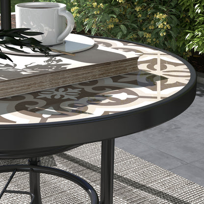 Garden Table with Glass Printed Design for Outdoor, Tan Brown