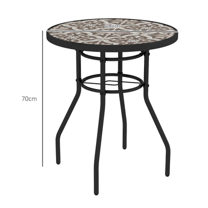 Garden Table with Glass Printed Design for Outdoor, Tan Brown