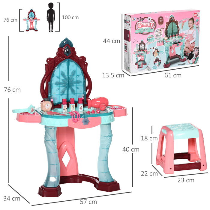 31 PCS Kids Dressing Table Set with Magic Princess Mirror, Musical Pretend Toy W/ Beauty Kit Mirror & Music, for 3-6 Years Old Blue+Pink