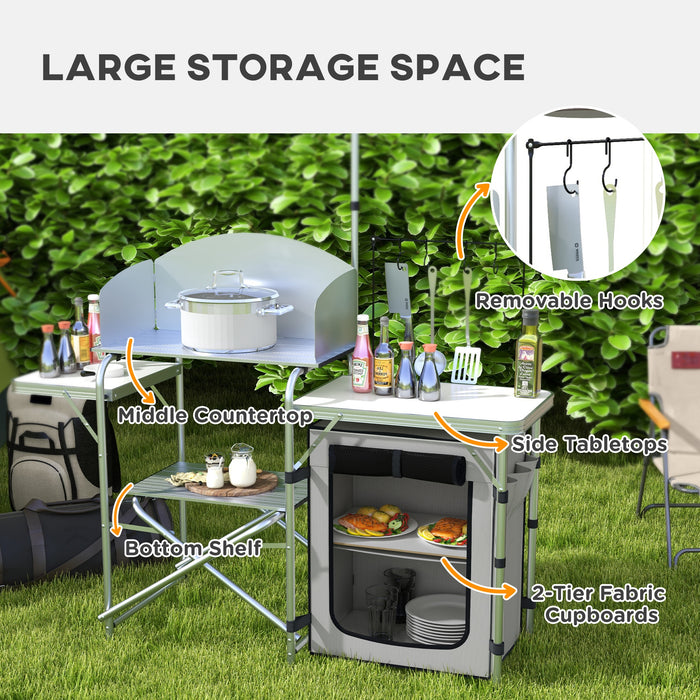 Camping Kitchen w/ Storage Cupboard, Folding Camping Table, Aluminium Picnic Table w/ Windshield, Stand, Carrying Bag