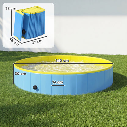 Foldable Dog Pool for Puppies and Ducks, Thickened PVC Dog Paddling Pool Bath Tub Hard Board, Anti-Slip Bottom and Hose Adapter for Easy Drainage, 140 x 30cm, Blue and Yellow