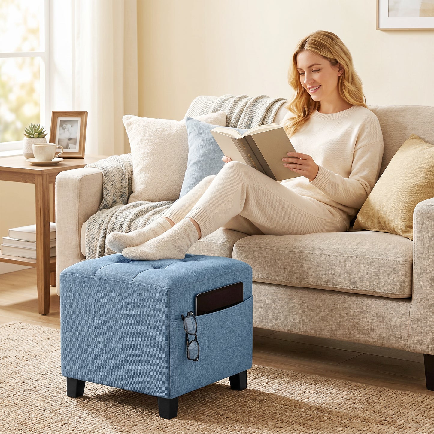 Square Footstool, Small Ottoman with Side Pocket, Linen-look Fabric Footrest Foot Stool with Rubber Wood Legs and Padded Seat for Living Room, Bedroom, Entryway, 35 x 35 x 35cm, Dark Blue