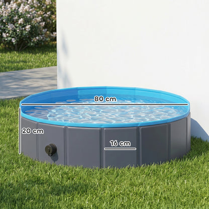 Foldable Dog Pool for Puppies and Ducks, Thickened PVC Dog Paddling Pool Bath Tub Hard Board, Anti-Slip Bottom and Hose Adapter for Easy Drainage, 80 x 20cm, Blue and Dark Grey