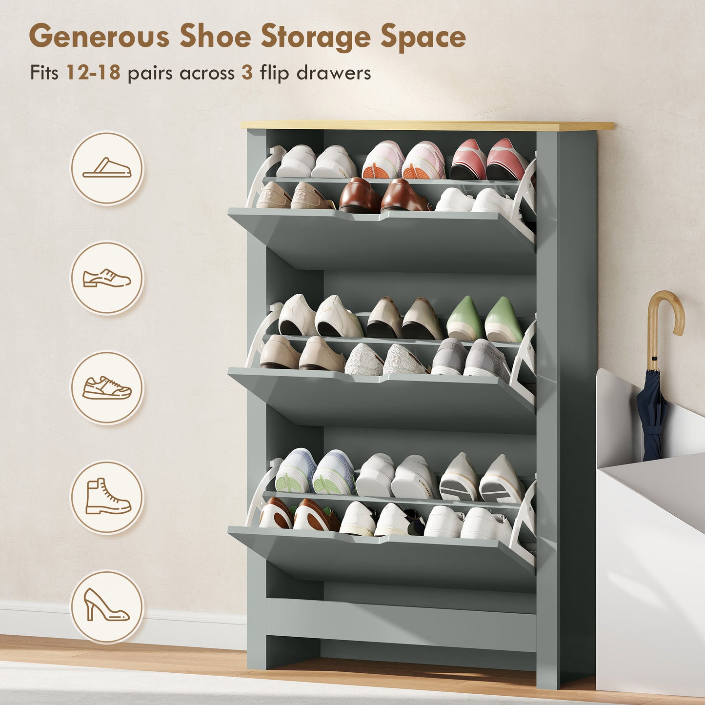 18-Shoe Storage Cabinet 6 Shelves 3 Drawers Tabletop Light Grey