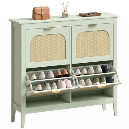 Boho Slim Shoe Cabinet with Rattan Doors, Holds 20 Pairs, Green