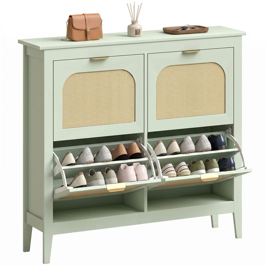 Boho Slim Shoe Cabinet with Rattan Doors, Holds 20 Pairs, Green