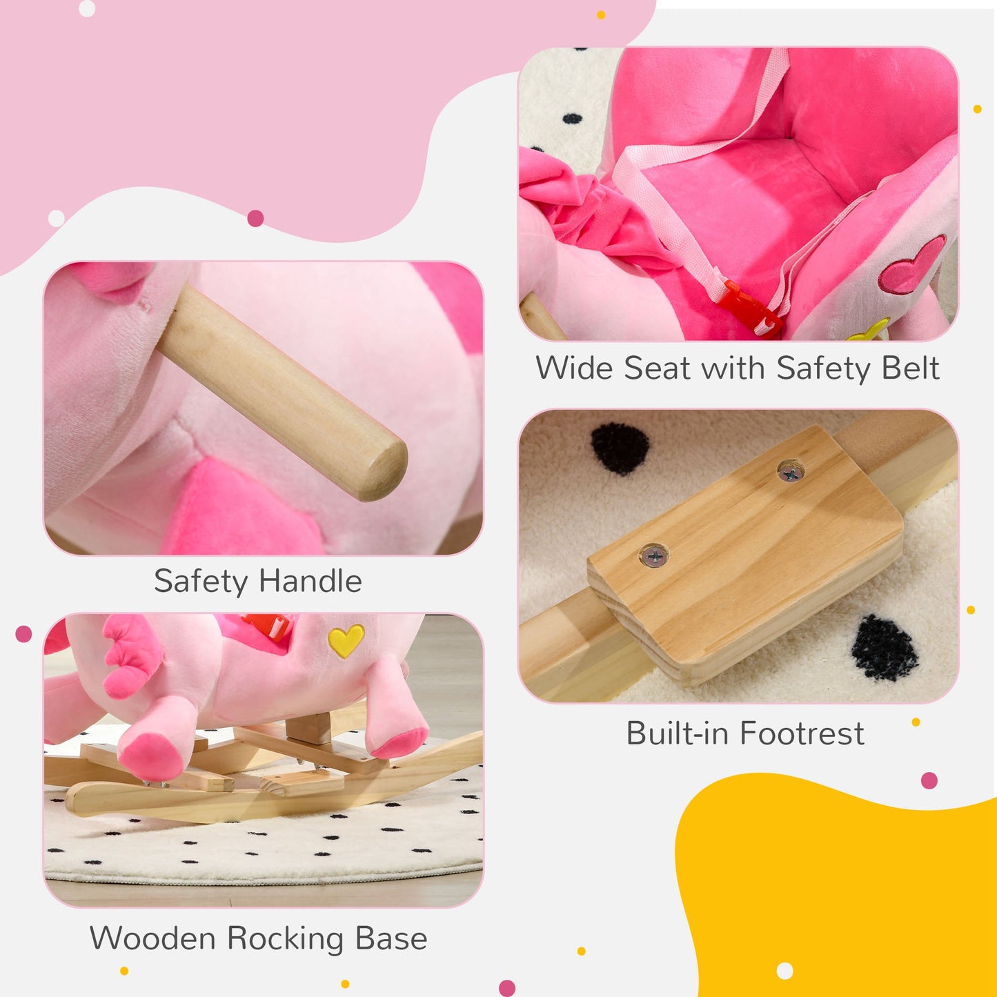 Rocking Horse Plush Ride on Unicorn with Songs, Seat Belt, Pink