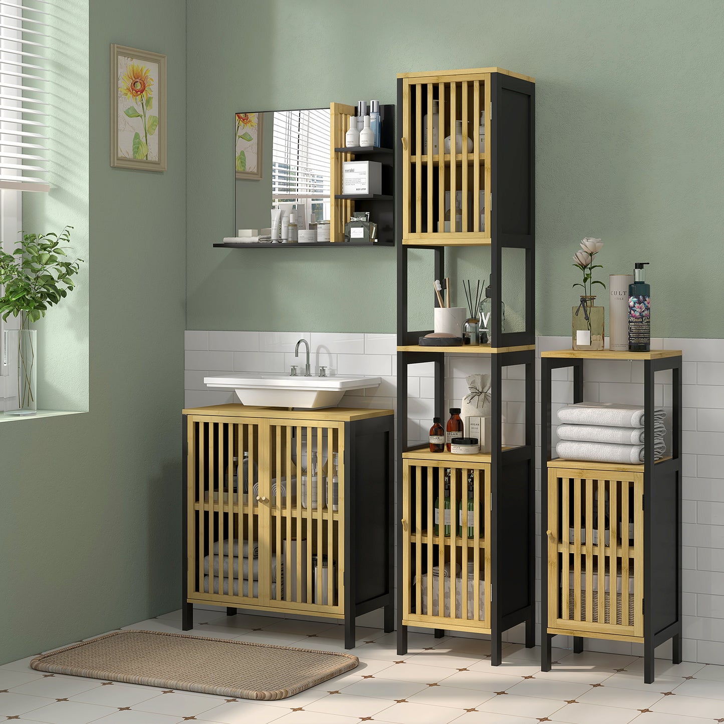 Tall Bathroom Cabinet Bamboo Bathroom Cupboard with Adjustable Shelves