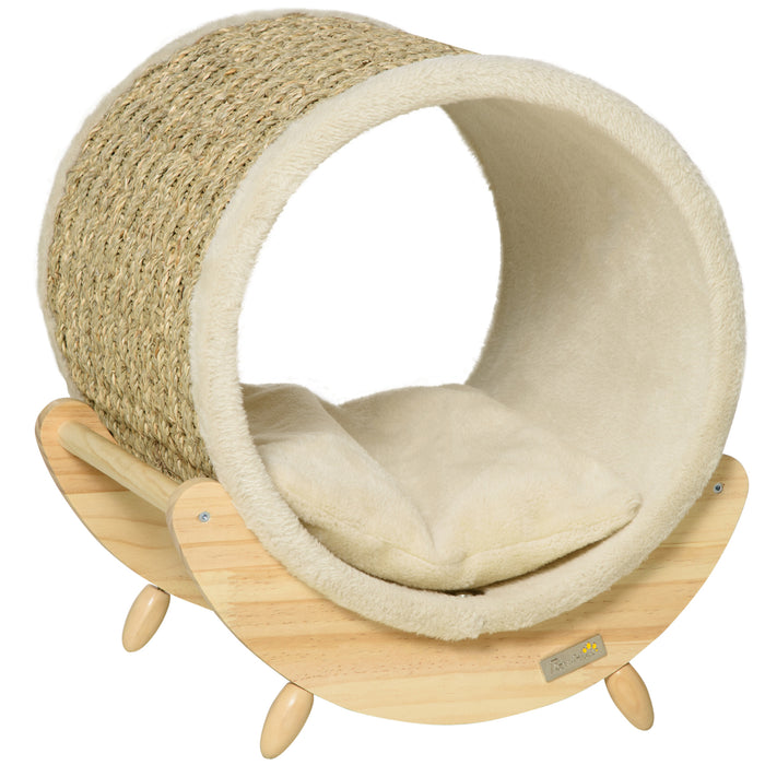 Elevated Cat House, Kitten Bed, Pet Shelter, Wrapped with Scratcher, Soft Cushion, 41 x 38 x 43 cm, Khaki