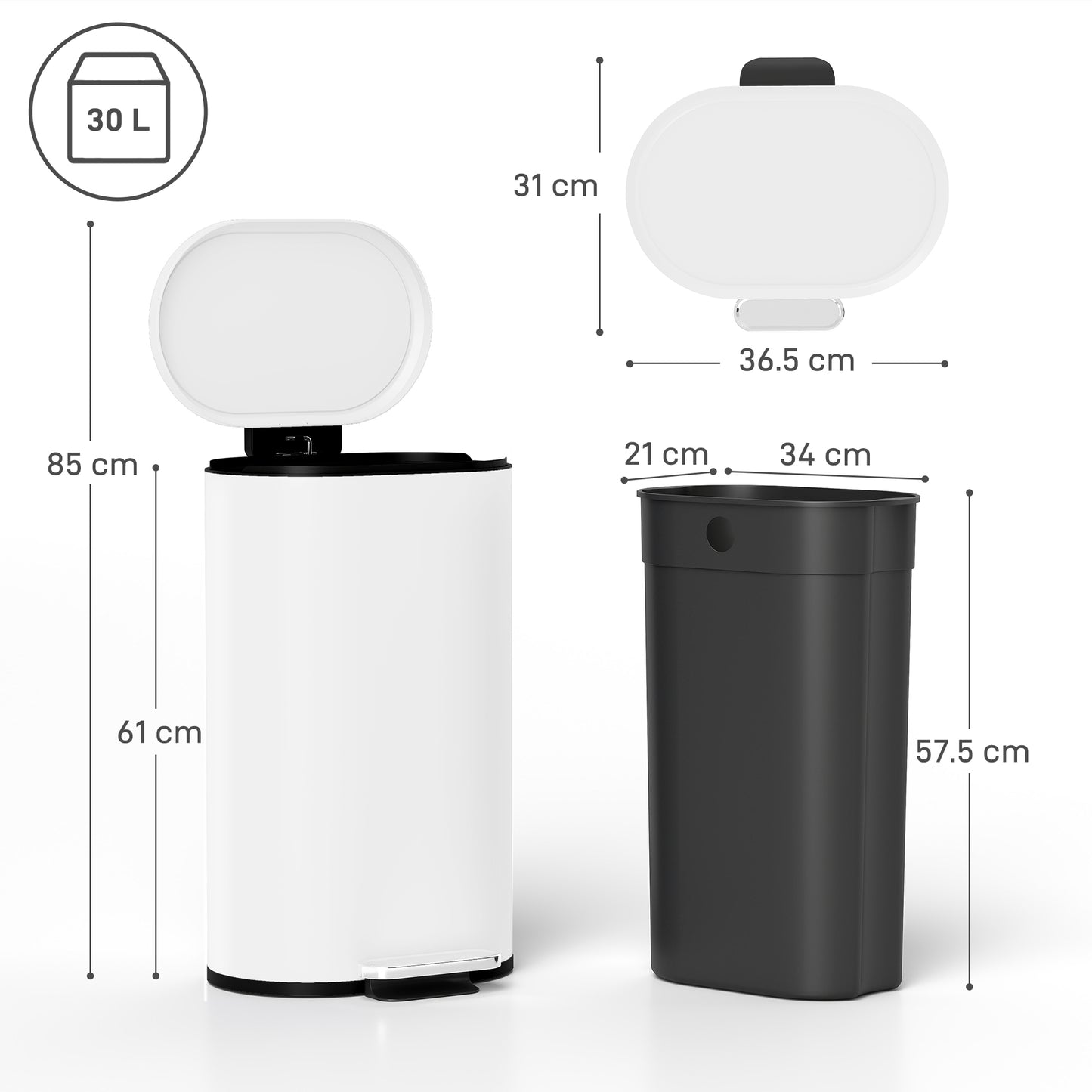 Slim Rectangular Pedal Bin with Soft-Close Lid, 30L Kitchen Bin White