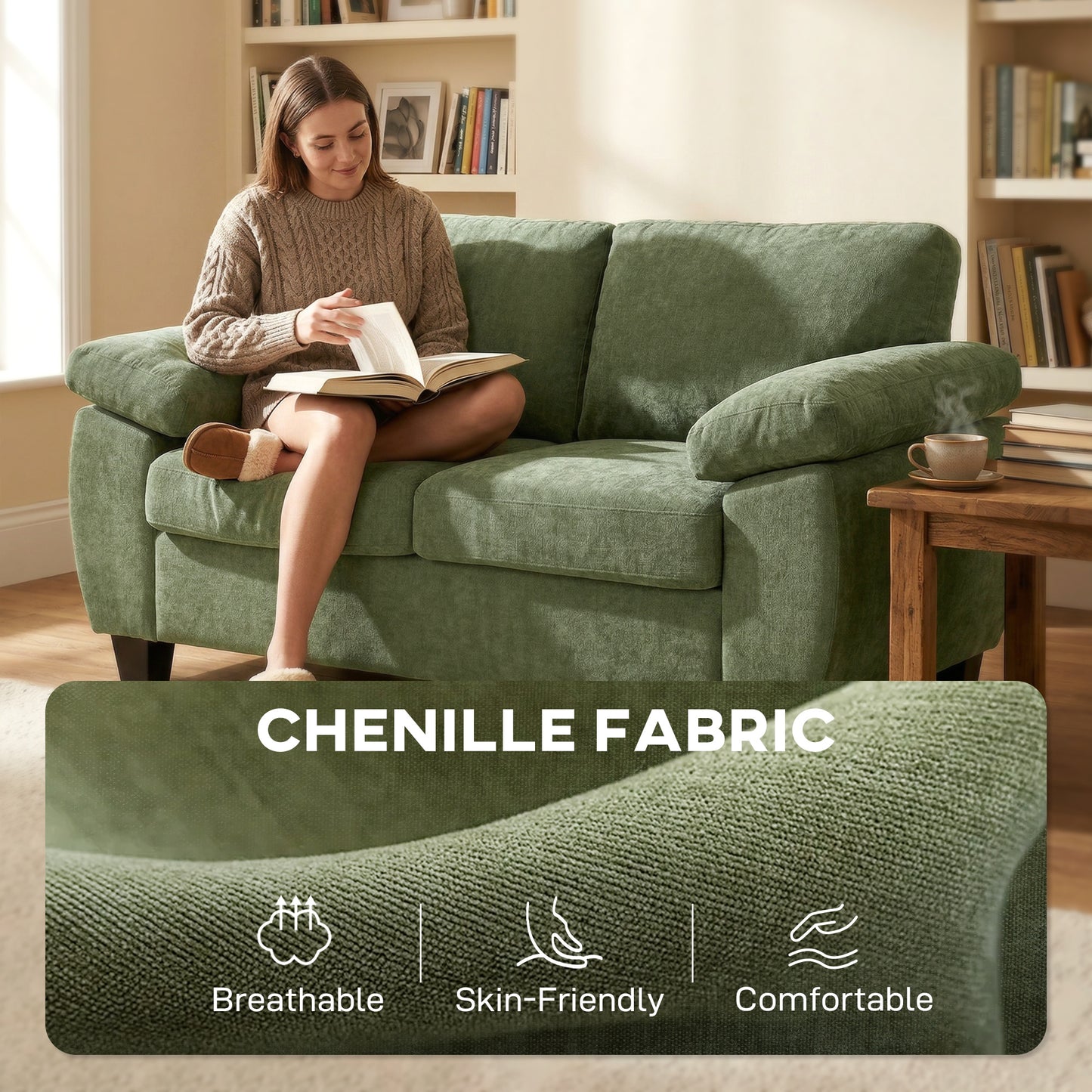 2 Seater Sofa, Chenille Small Sofa with Spring Cushions, Dark Green