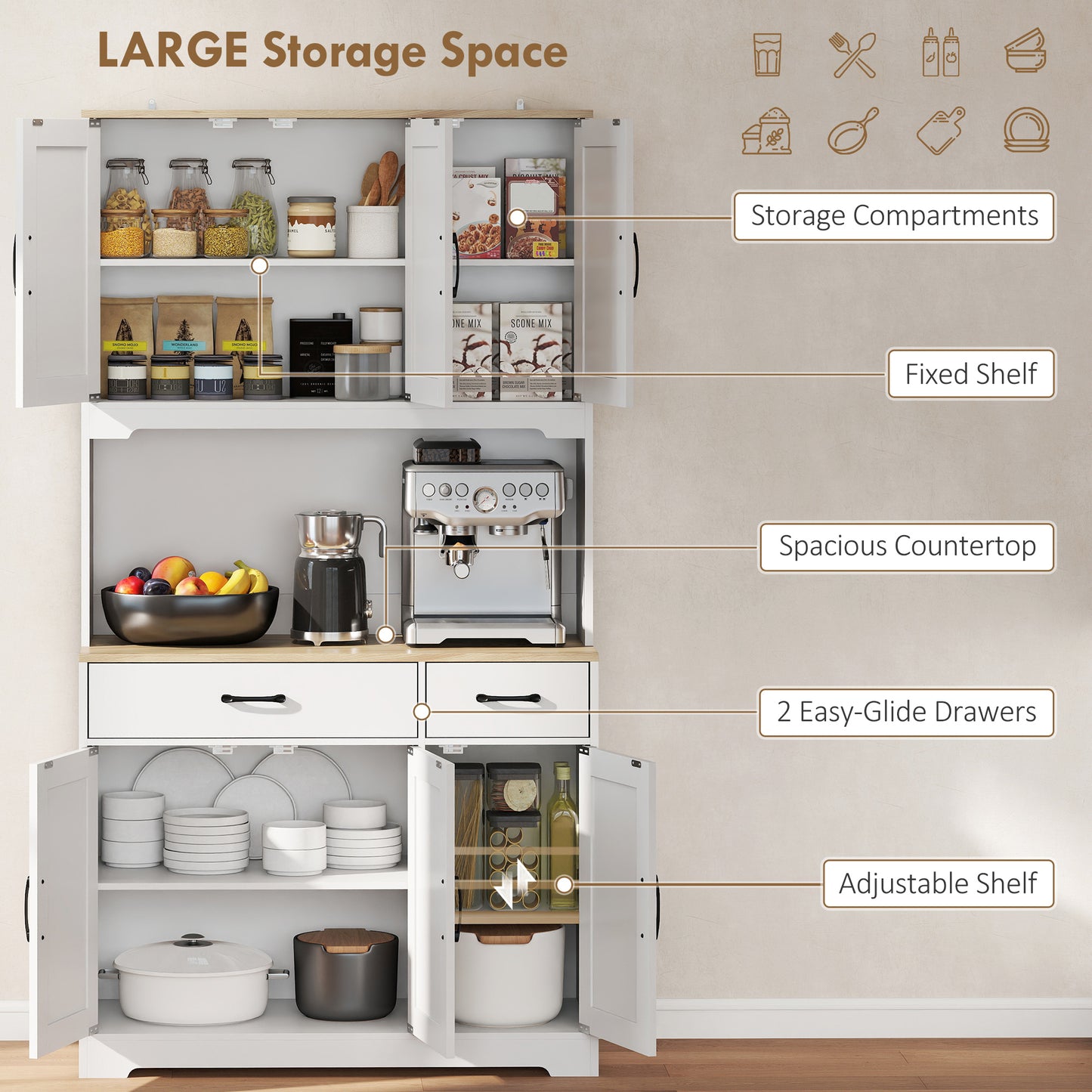 175cm Tall Kitchen Pantry, Kitchen Cabinet w/ Drawers, Shelves, White