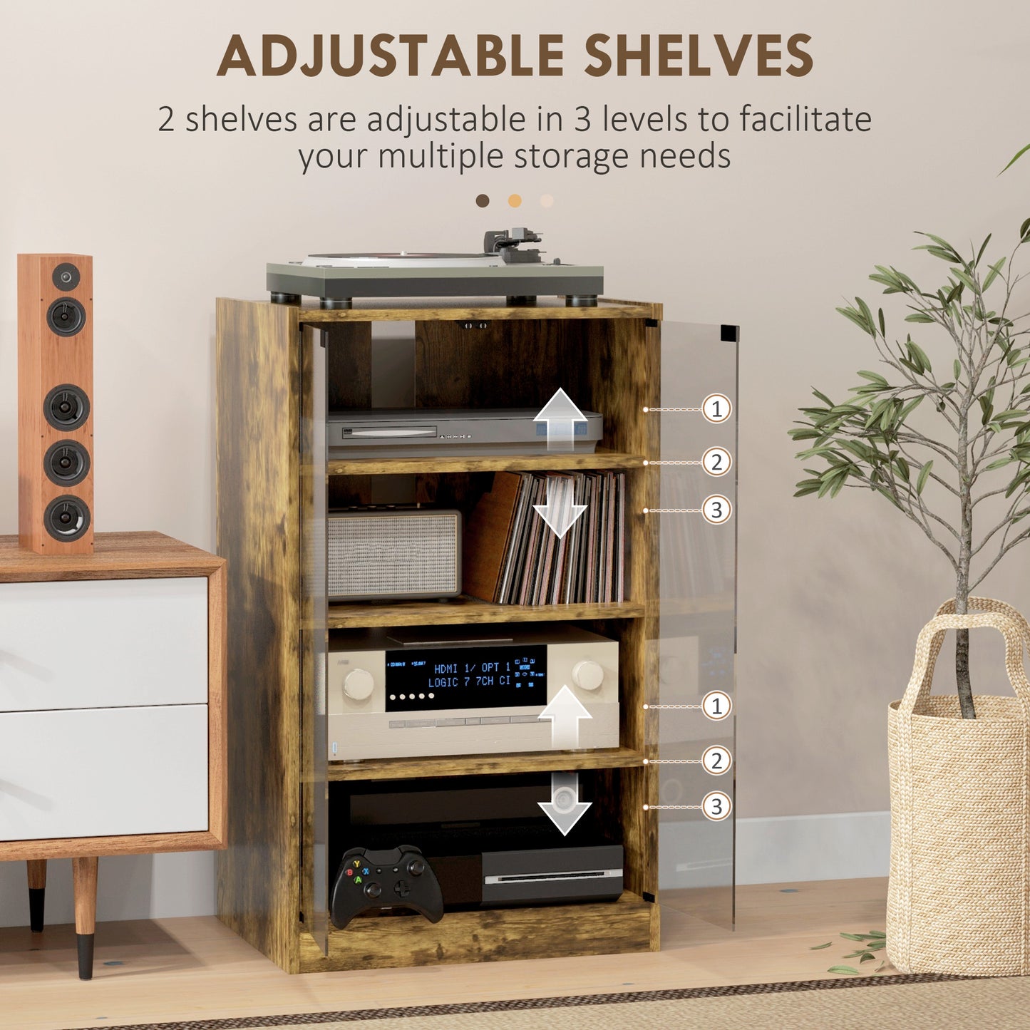 4-Tier Hi-Fi Stand with Adjustable Shelves, Rustic Brown