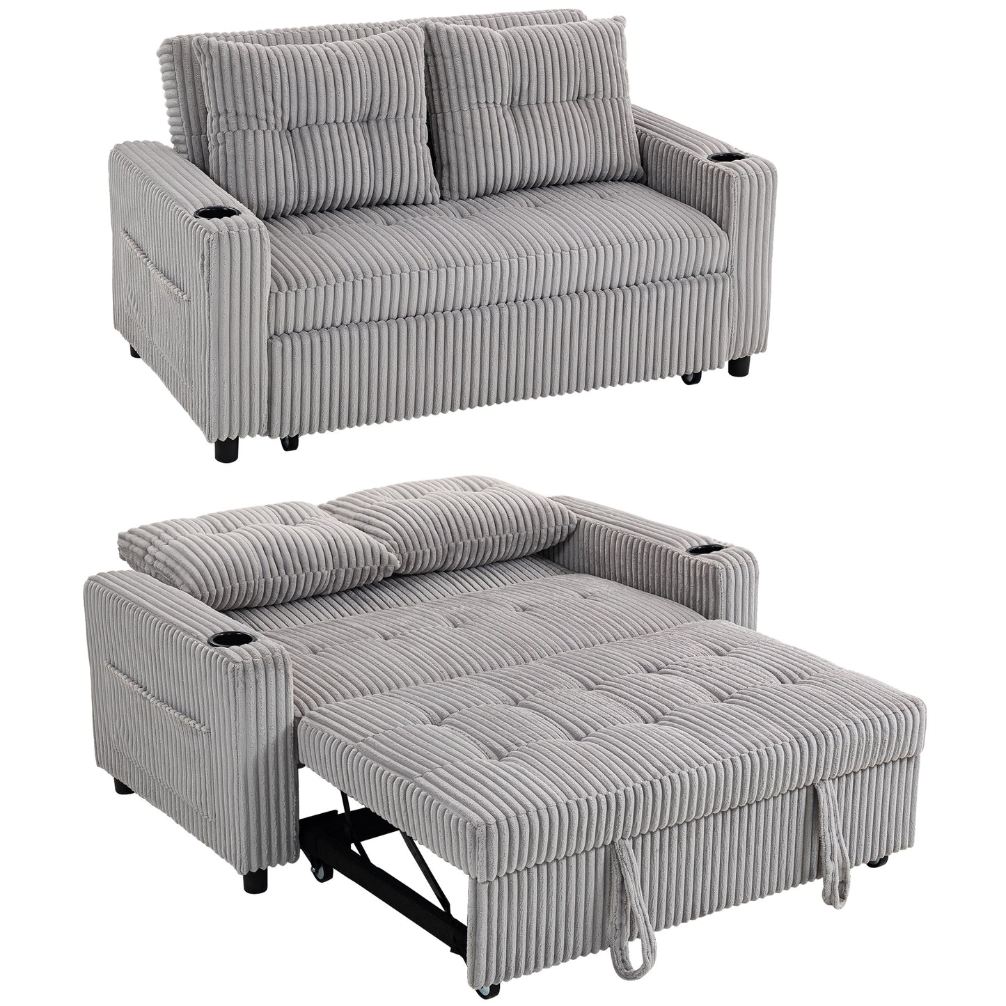 2 Seater Sofa Bed, Click Clack Pull Out Bed Settee, Light Grey