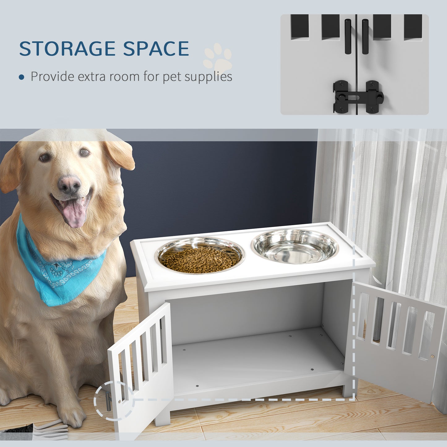Raised Dog Bowls for Large Dogs Feeding Station w/ Stand, Storage - White
